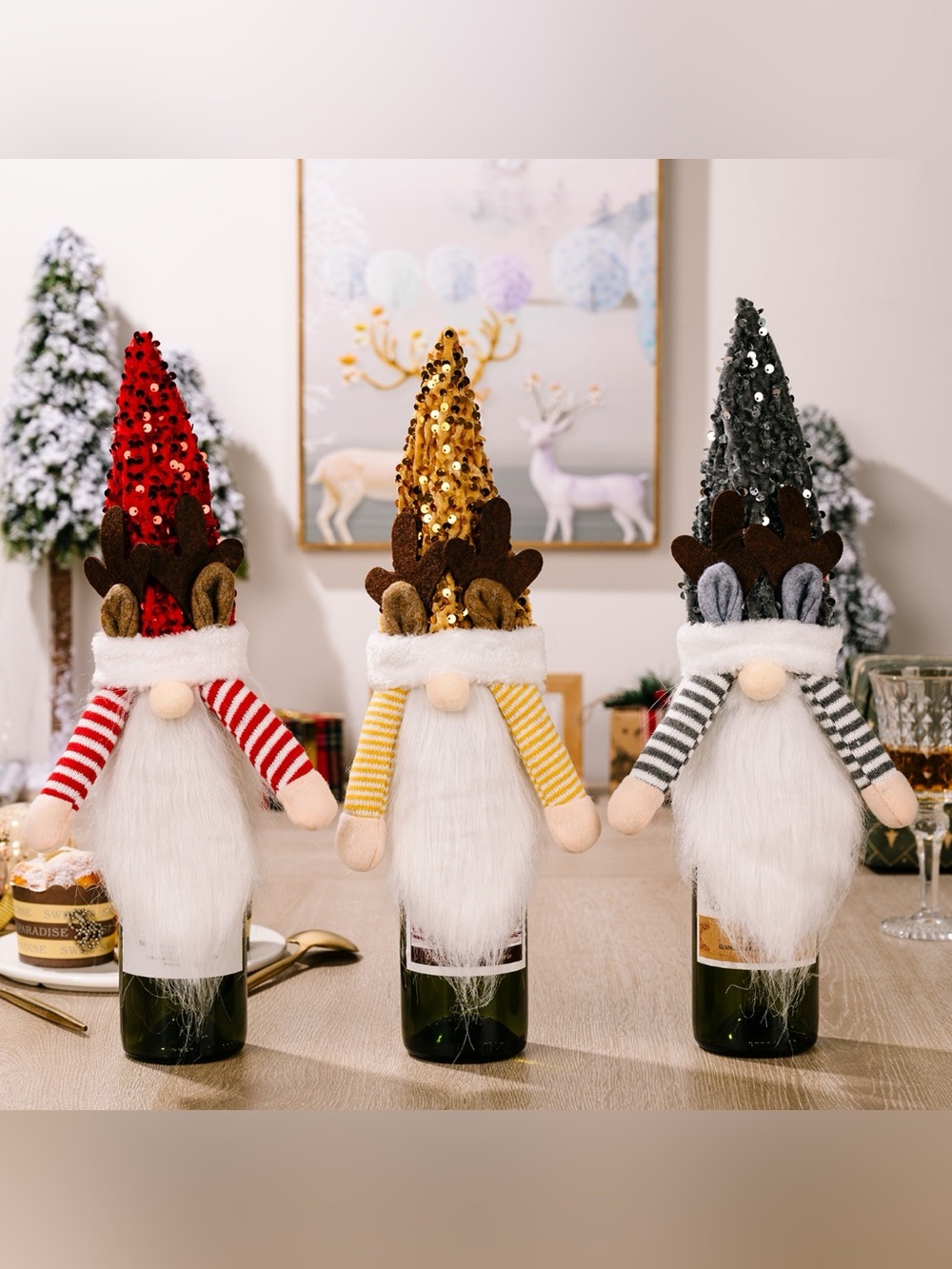 Sequin Pointed Hat Faceless Gnome Wine Bottle Cover
